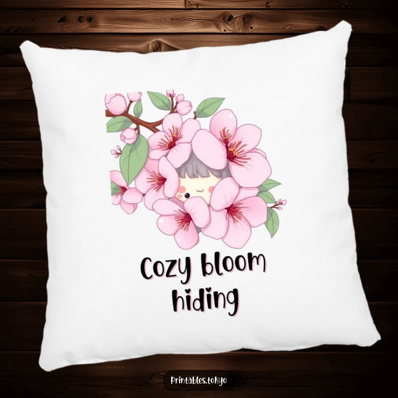 Funny pillow featuring a playful character peeking from behind a stylized cherry blossom, offering comfort and spring charm.