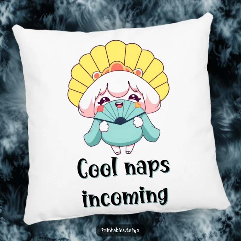 Funny pillow with a smiling character holding a gigantic novelty fan, offering comfort and cool humor.