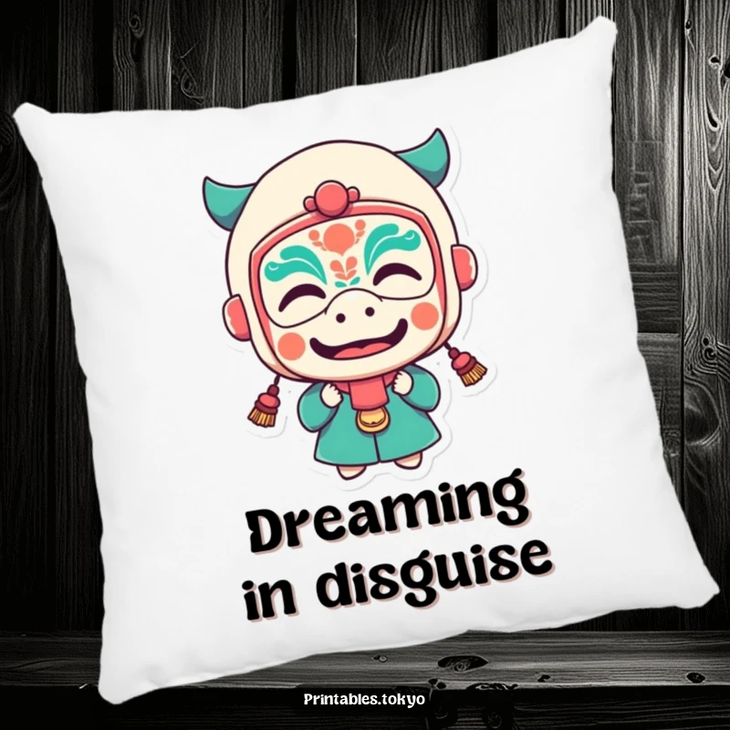 Funny pillow featuring a character wearing a small festival mask and making a funny face, perfect for cozy humor.