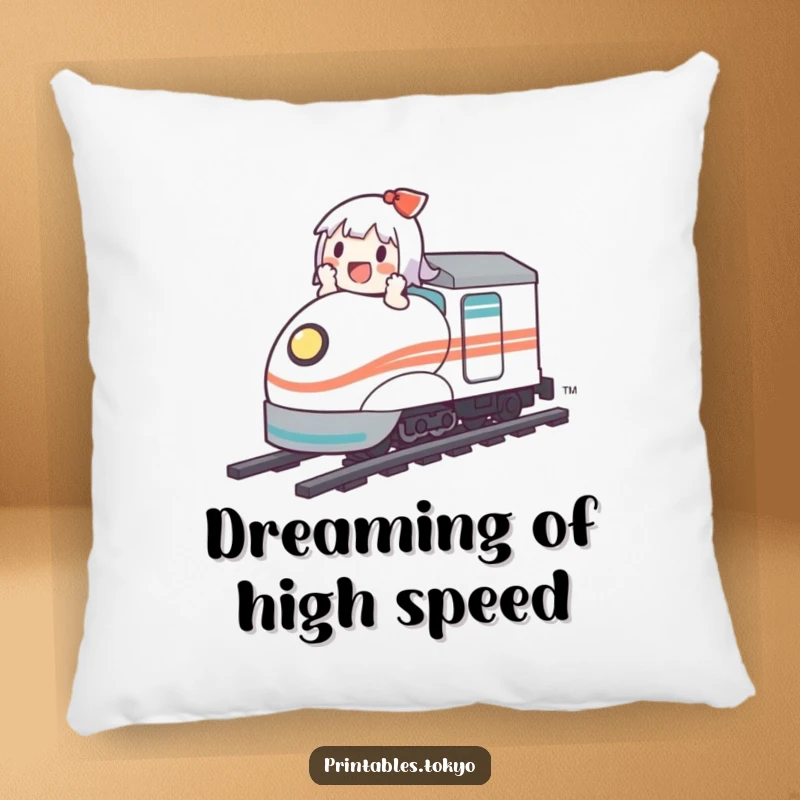 Funny pillow design showcasing a cute character comfortably seated on a miniature bullet train, full of glee.