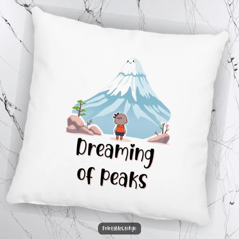 Funny pillow cover with a character looking up in amazement at a smiling Mount Fuji, designed for comfort and whimsical decor.