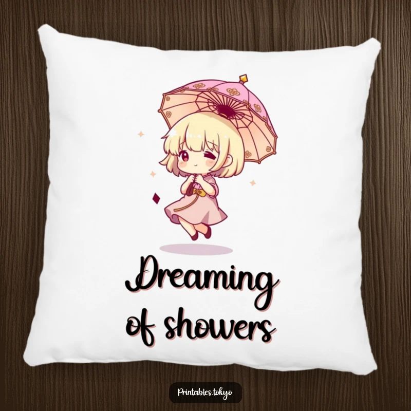 Funny pillow design showcasing a whimsical character happily bouncing a small, decorative umbrella, designed for comfort and smiles.