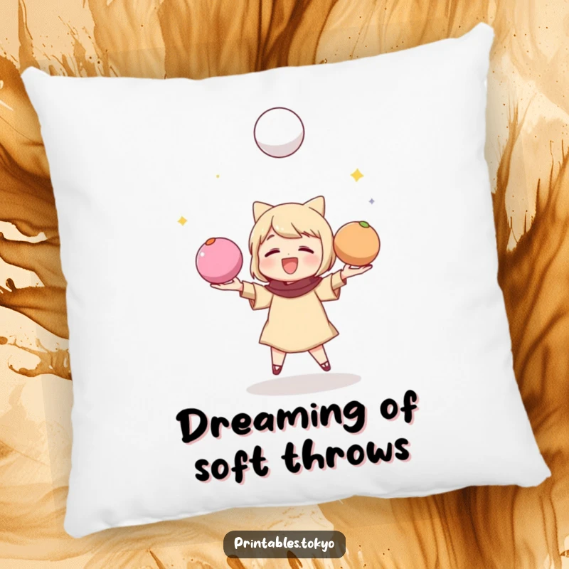 Funny pillow featuring a character juggling colorful mochi balls, designed for comfort and playful decor.
