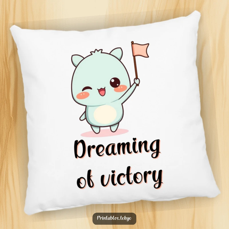 Funny pillow featuring an excited character waving a small paper flag, offering comfort and spirited cheer.