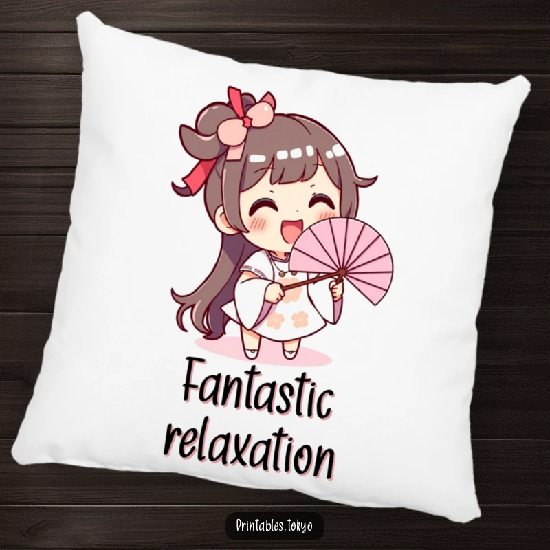 Funny pillow depicting an excited character with a big smile, waving a large fan to provide a humorous cooling effect.