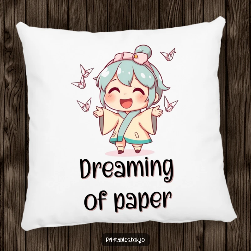 Funny pillow cover with a cute character joyfully juggling a handful of small, colorful origami cranes, designed for maximum comfort and humor.