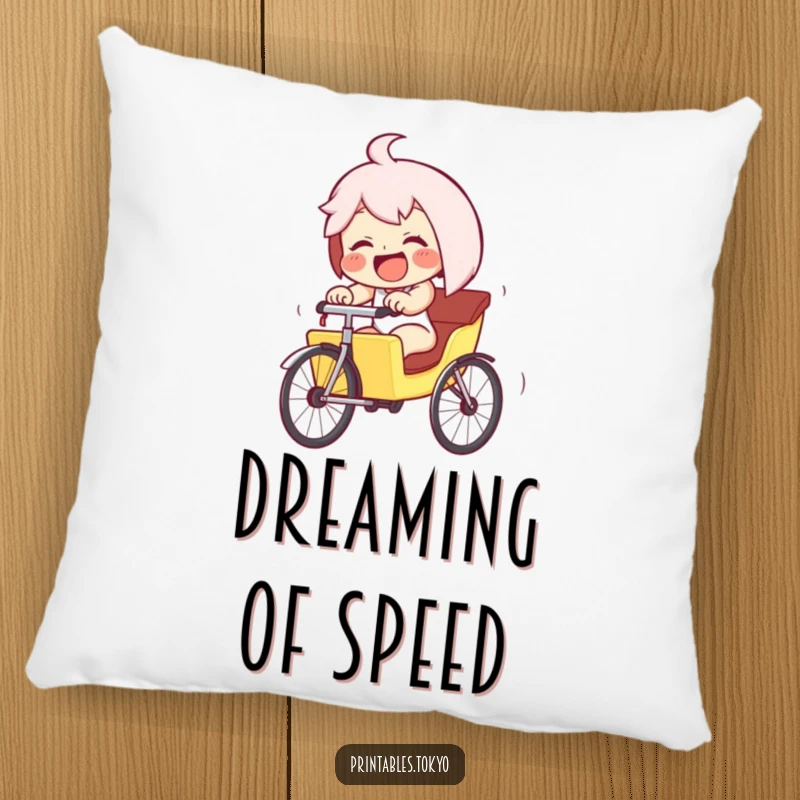 Funny giggling character in a tiny rickshaw, pedaling furiously downhill, on a soft pillow. Adds comfort and humorous energy.