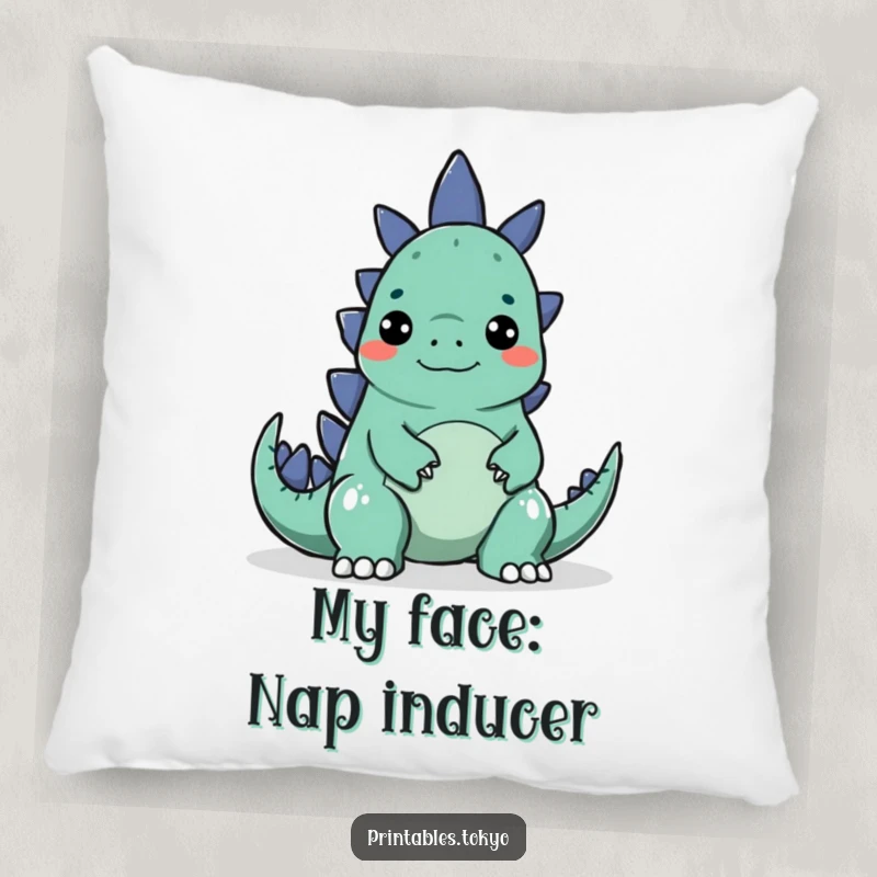 Funny pillow featuring a character making a silly face to surprise a small Godzilla, soft and humorous.