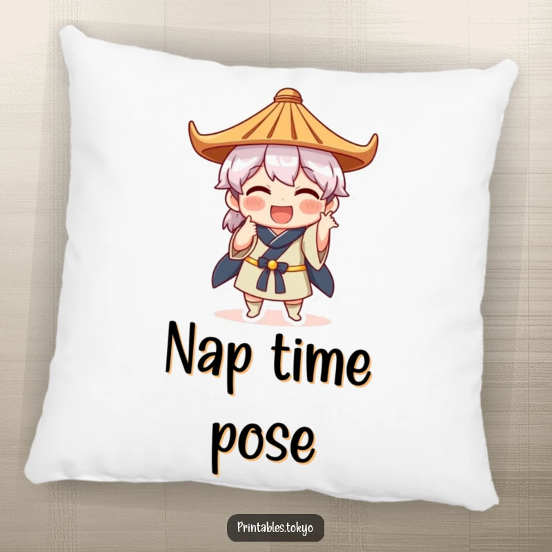 Funny pillow cover with a character in a Japanese hat striking a comical pose, designed for comfort and humorous decor.