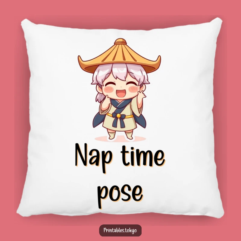 Funny Japanese Hat Pose Pillow - Cozy Character Cushion - Whimsical Funny Gift