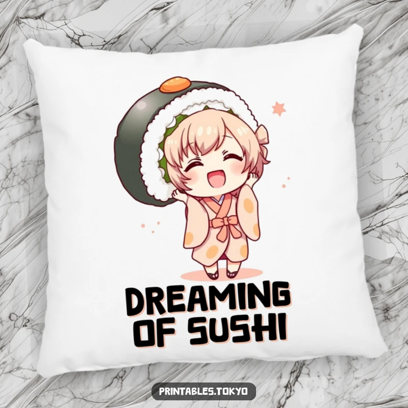 Funny character in a kimono joyfully holding a huge sushi roll, a soft and humorous decorative pillow.