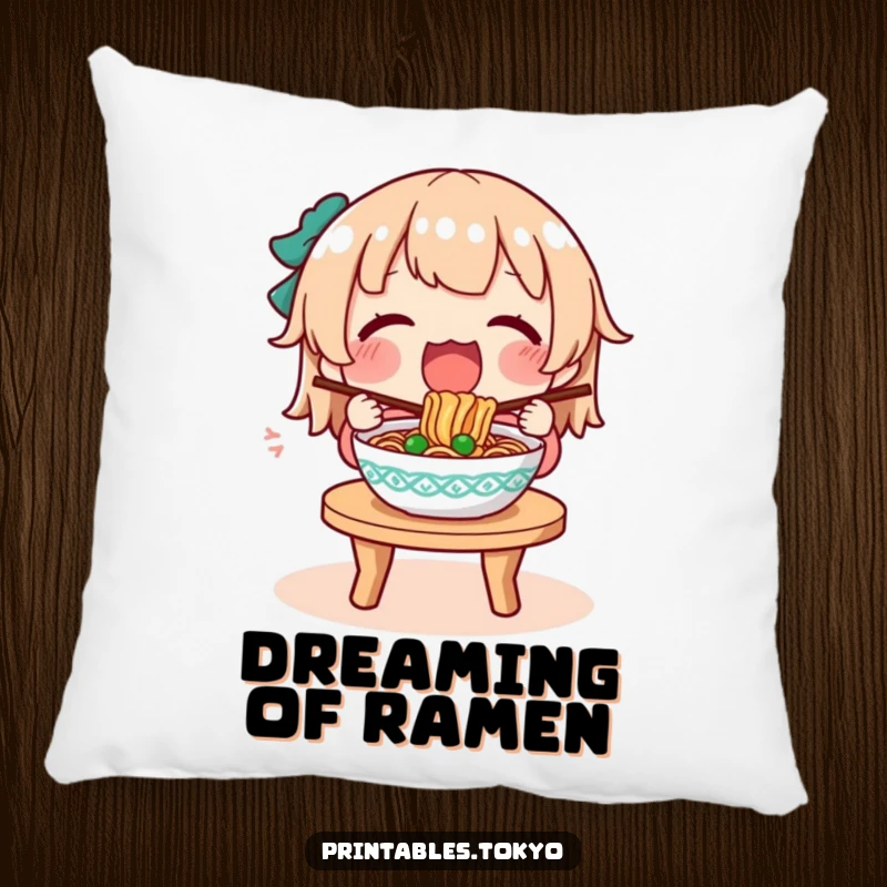 Funny pillow design of a character blissfully eating a steaming bowl of noodles, perfect for cozying up.