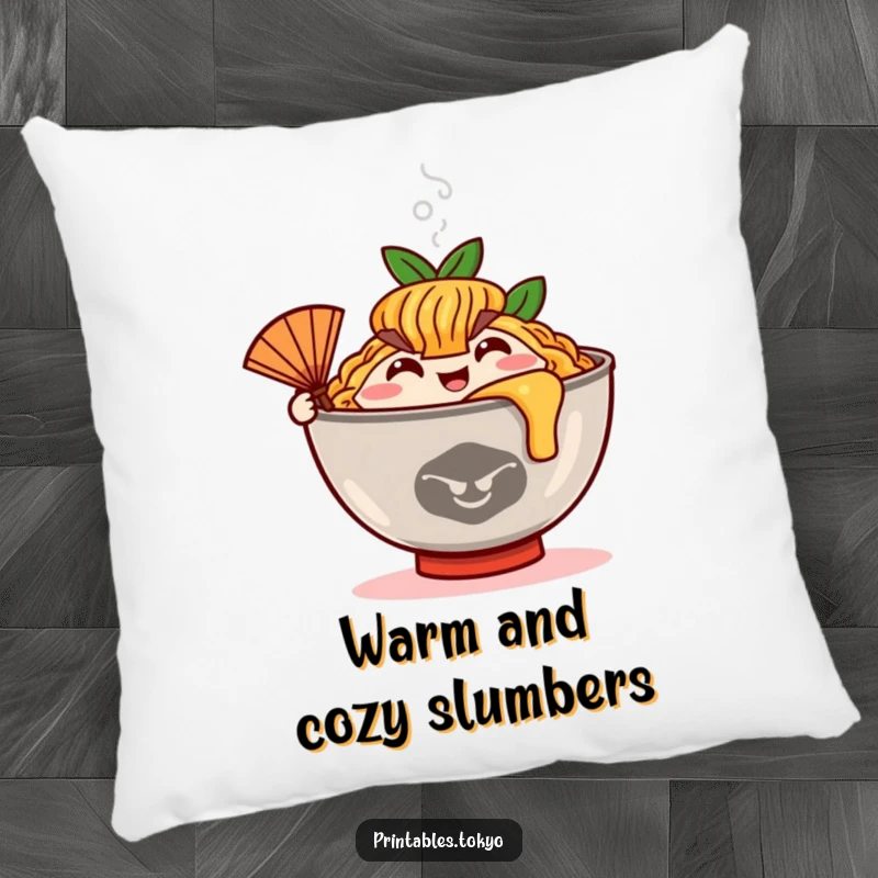Funny ramen bowl character with steam and a tiny fan, depicted as a soft and comforting pillow.