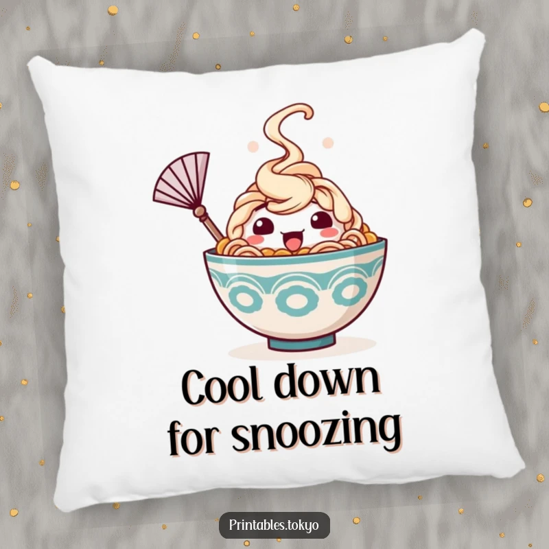Funny pillow featuring a happy ramen bowl character with rising steam, waving a tiny fan, providing a soft and humorous decorative touch.