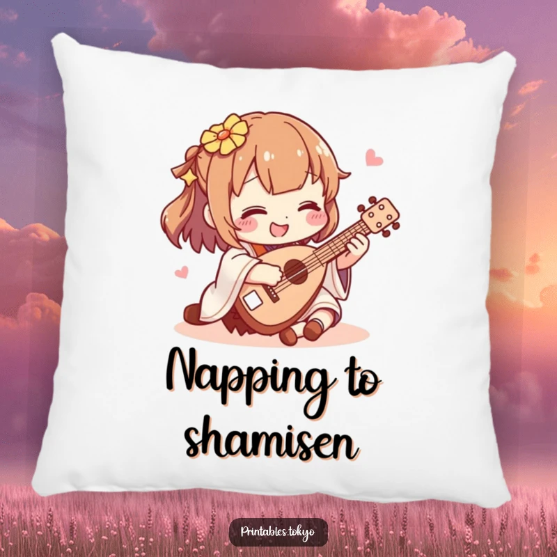 Funny shamisen player pillow, a soft cushion featuring a character joyfully playing a miniature shamisen, bringing comfort and humor.