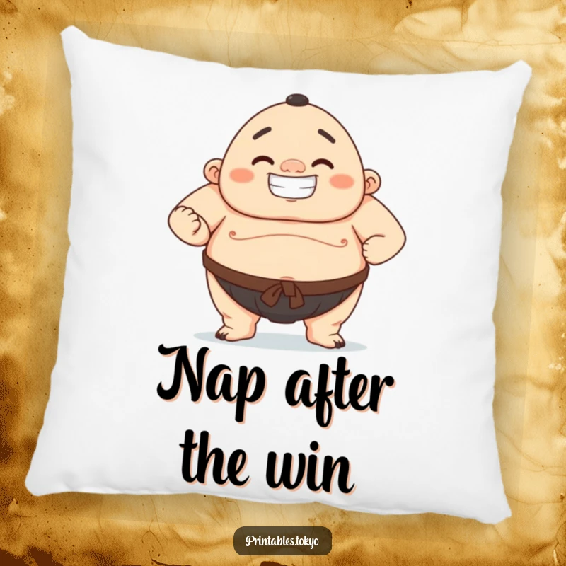Funny pillow featuring a character in a mighty sumo wrestling pose with a proud, cheerful grin.