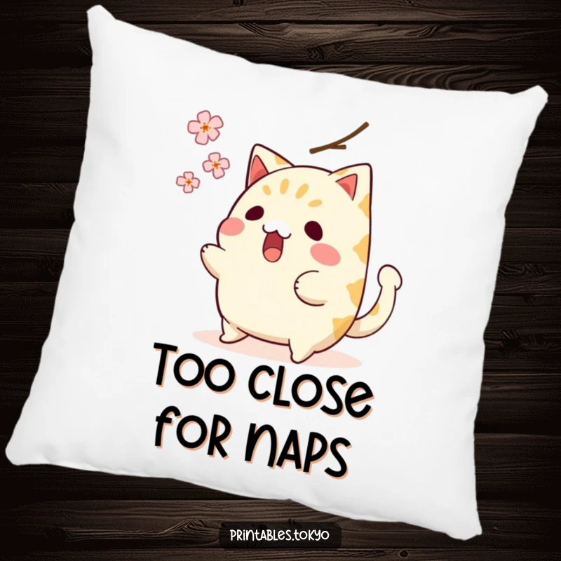 Funny pillow featuring a surprised taiyaki character, tail wagging, narrowly avoiding a falling cherry blossom, adding humor to decor.