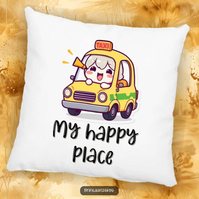 Funny pillow depicting a cheerful character in a miniature taxi, honking its horn with a delightfully funny vibe.