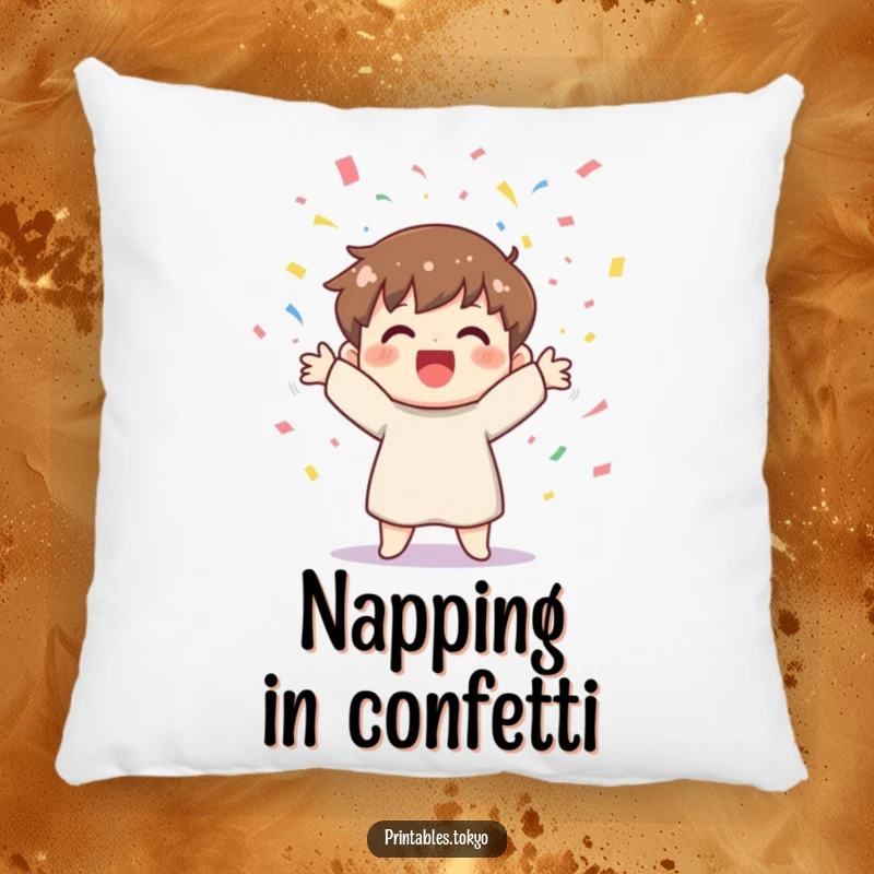 Funny pillow featuring a cheerful character joyfully tossing colorful confetti, providing comfort and a festive touch.