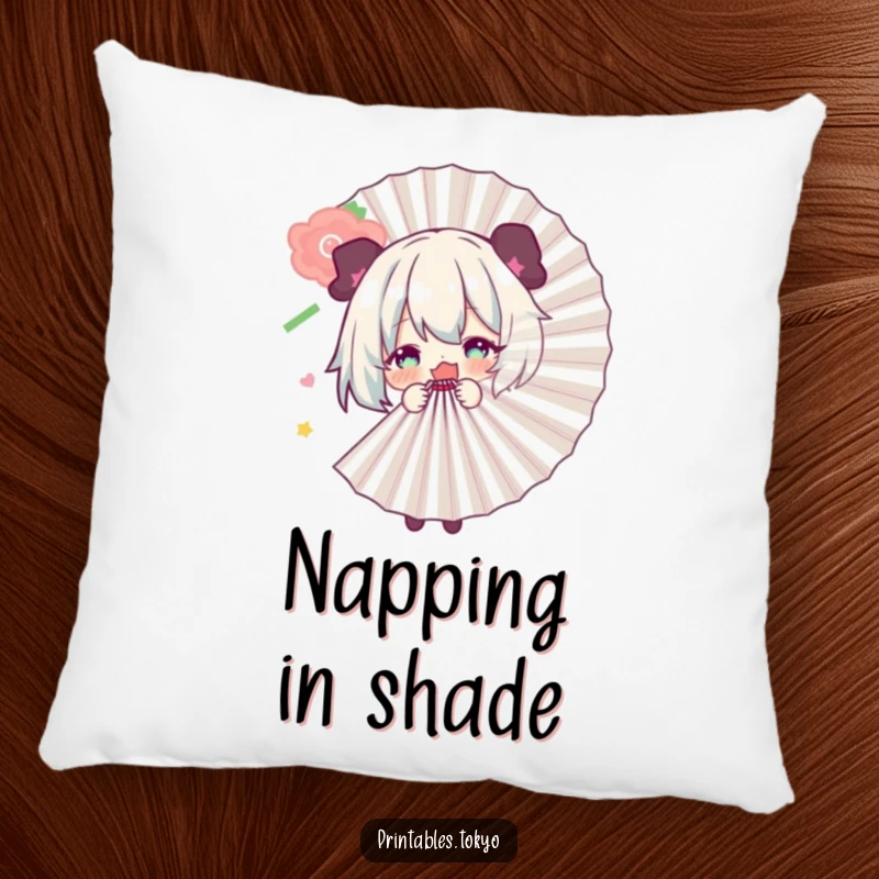 Funny pillow featuring a character playfully peeking from behind a large fan, perfect for adding comfort and a touch of shy humor.