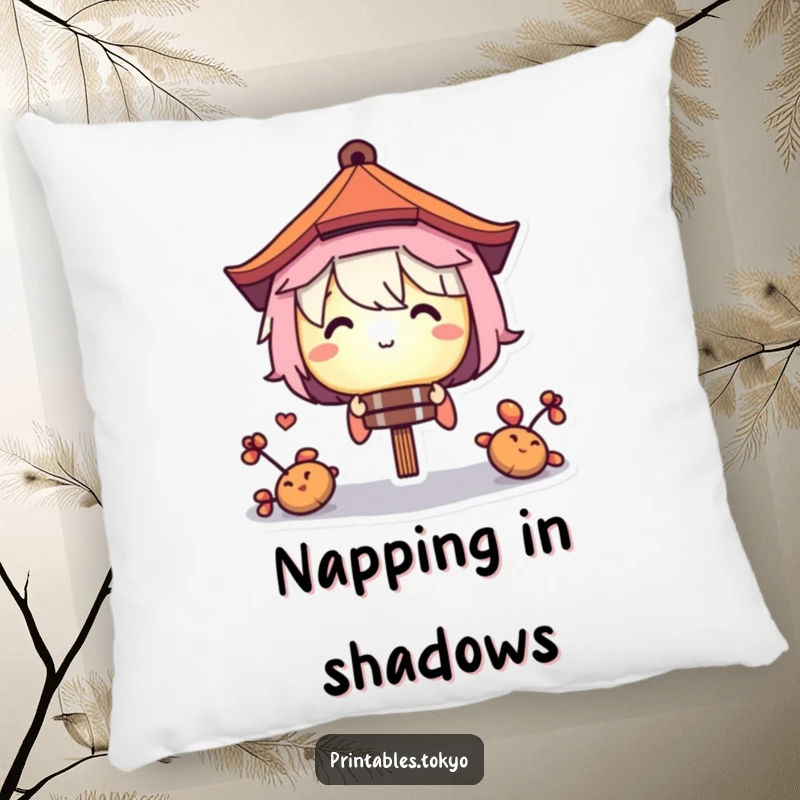 Funny pillow design featuring a curious character peeking from behind a luminous paper lantern, combining comfort with a playful sense of mystery.
