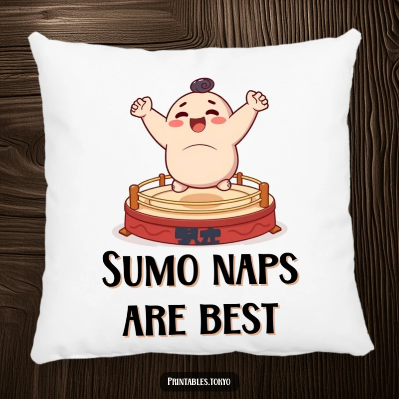 Funny pillow featuring a character cheerfully bouncing on a small sumo ring, soft and humorous.