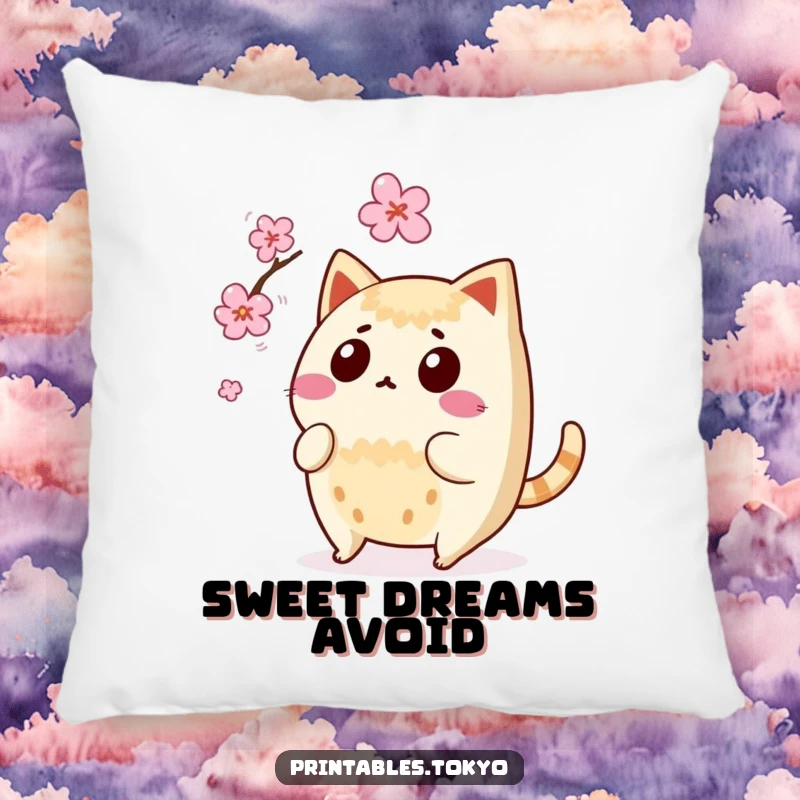 Funny surprised taiyaki character with wagging tail, avoiding a falling cherry blossom, depicted as a soft pillow.