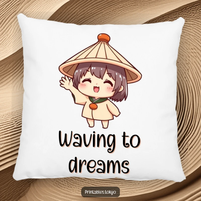 Funny decorative pillow with a cute character in a traditional Japanese hat, enthusiastically waving, offering comfort and a friendly touch.