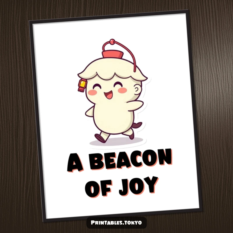 Funny Digital Art Print: A cheerful character walks with a stylized lantern, beaming with happiness, perfect for screen or print.