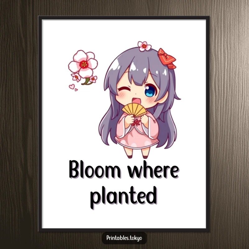 Funny cherry blossom fan digital art print of a cute character energetically waving a fan covered in delicate cherry blossoms, adding spring joy.