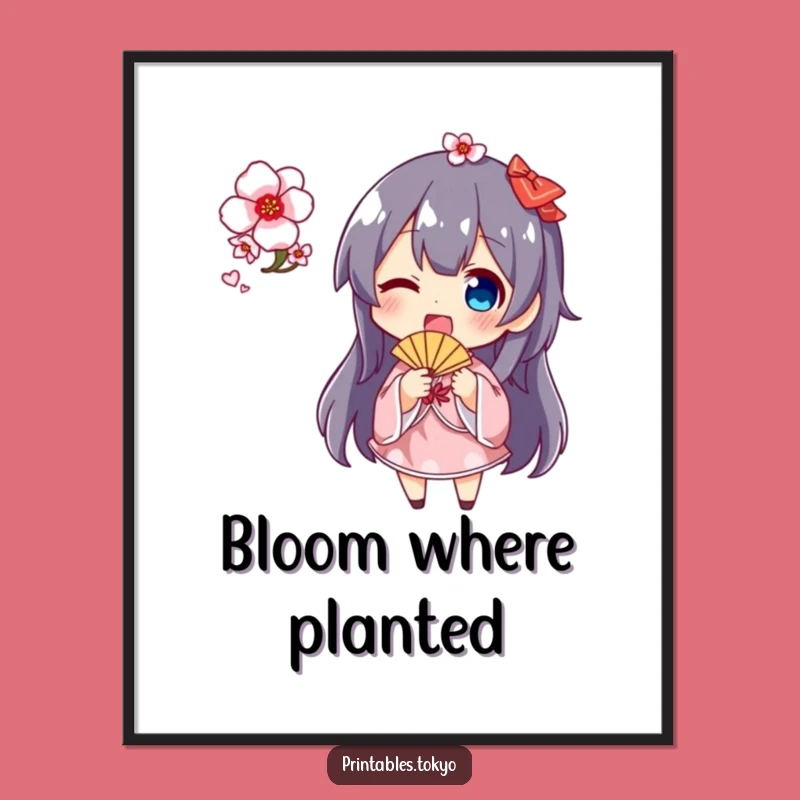 Funny Cherry Blossom Fan Digital Art: Whimsical Character Decor, Gift Idea