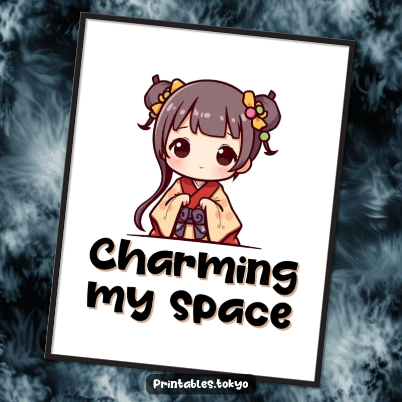 Funny Digital Art Print: A cute character in a miniature kimono peeks out, bringing an adorable and humorous vibe to any room.