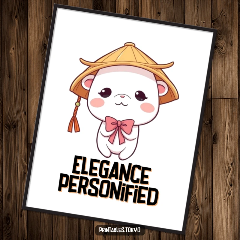 Funny cute creature wearing a traditional Japanese hat, bowing shyly, available as a digital art print. Instant gentle humor for walls.
