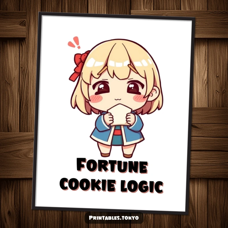 Funny digital art print of a character's confused look while holding a fortune cookie, ready to bring instant ponderings and humor.