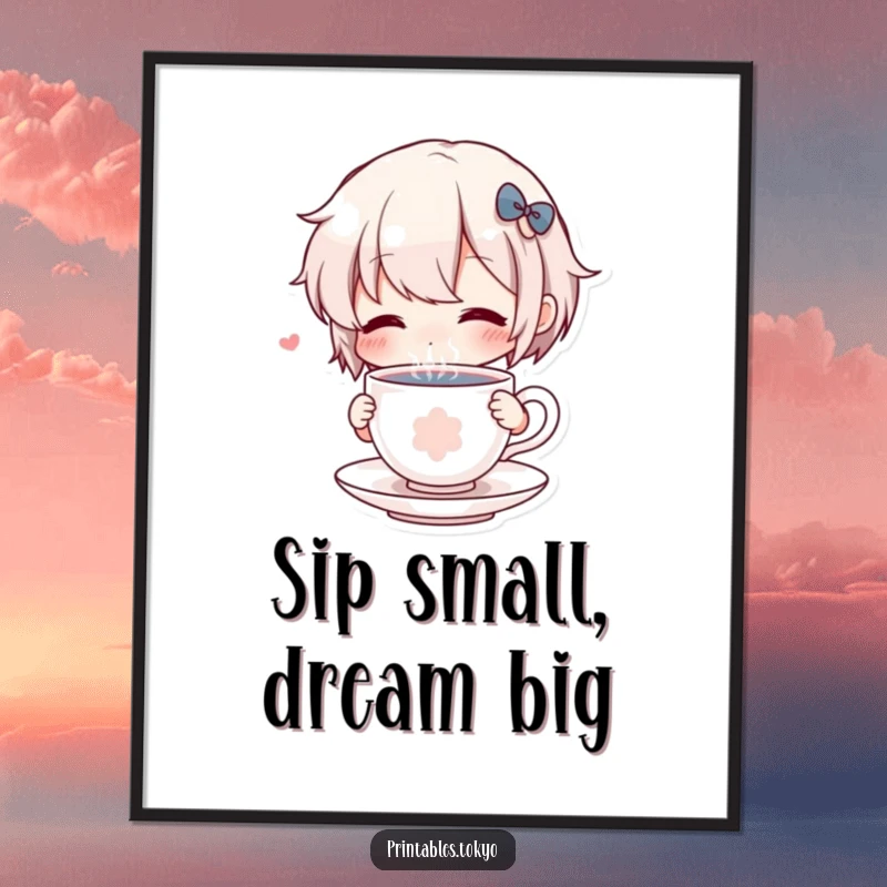 Funny Digital Art: A character comically sips from a small, steaming teacup, creating a whimsical and downloadable print.