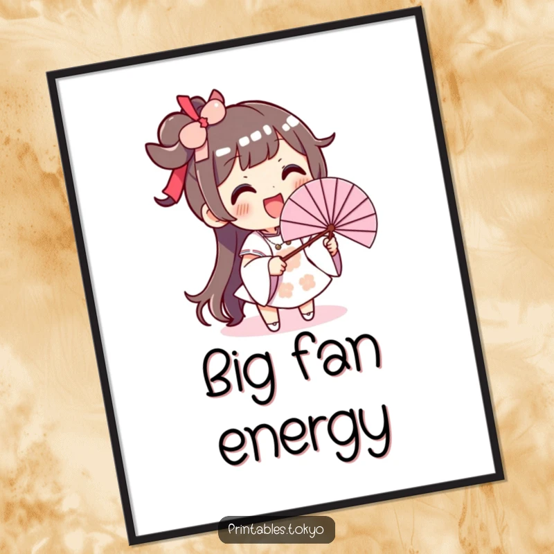 Funny digital illustration of an excited character with a huge smile, energetically waving an oversized fan for a cool effect.
