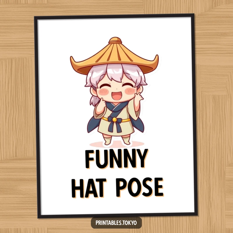 Funny digital art print of a character in a Japanese hat striking a comical, exaggerated pose, full of personality and humor.