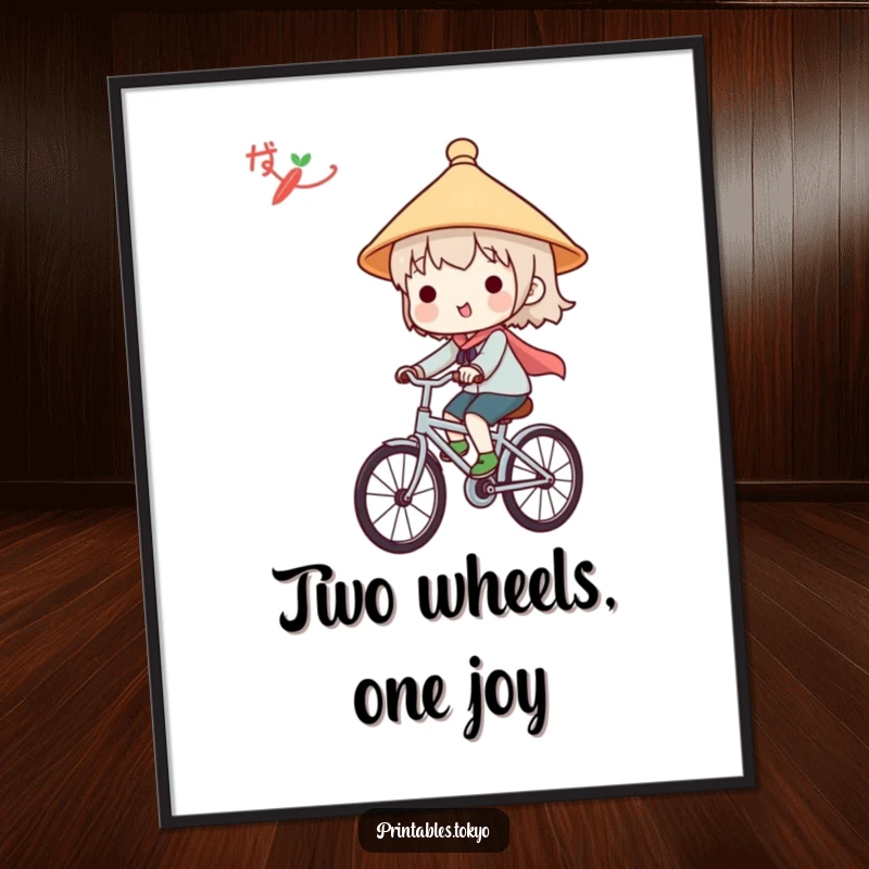 Funny digital art print of a cute character in a Japanese hat, happily riding a bicycle, adding instant cheer to any space.