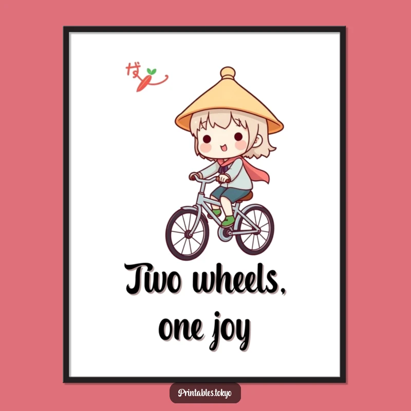 Funny Japanese Hat Digital Print - Cute Character Bicycle Rider Art Gift