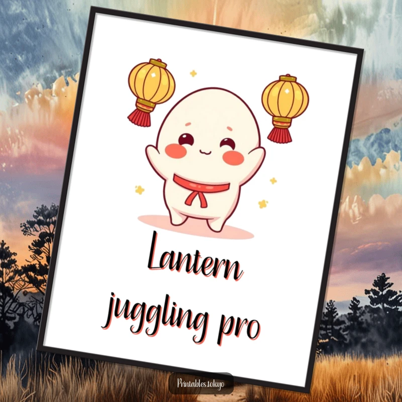 Funny digital art print of a cheerful mochi character, rosy cheeks, juggling illuminated lanterns, perfect for vibrant and humorous decor.