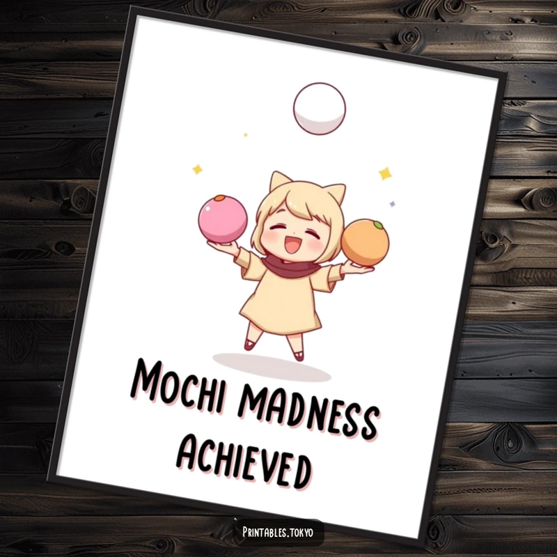 Funny digital art print of a character energetically juggling three vibrant mochi balls, creating a joyful display.