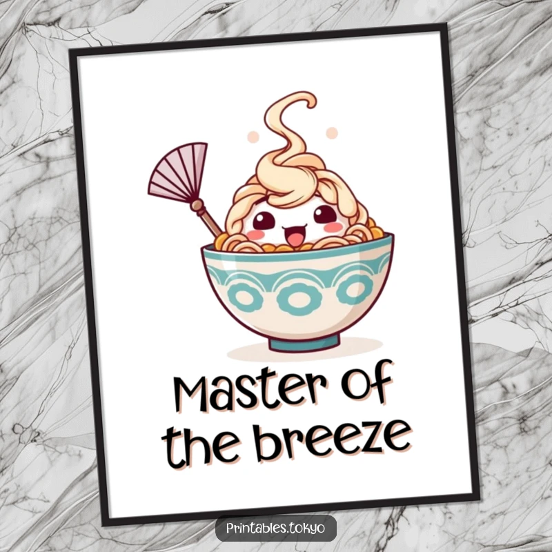 Funny digital art print of a happy ramen bowl character, steam rising, waving a tiny fan, perfect for humorous and warm decor.