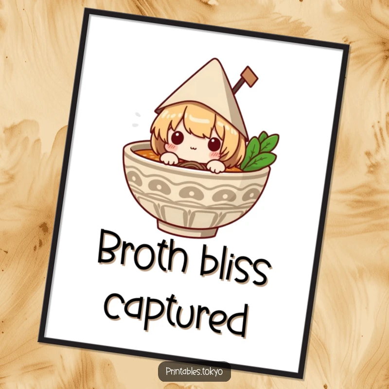 Funny digital art print of a cute character in a paper hat peeking out of a ramen bowl, ideal for home or office decor.