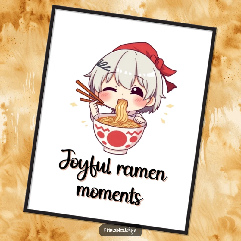Funny digital art print of a character excitedly eating ramen with chopsticks held high in a celebratory manner.
