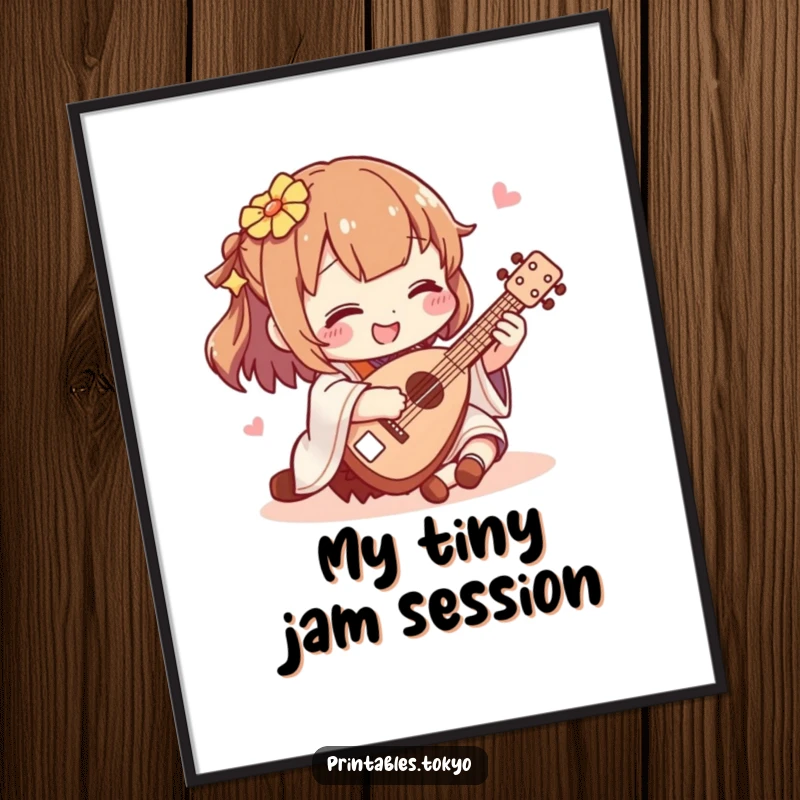 Funny shamisen player digital art print, a character joyfully playing a miniature shamisen, ready for instant download and display.