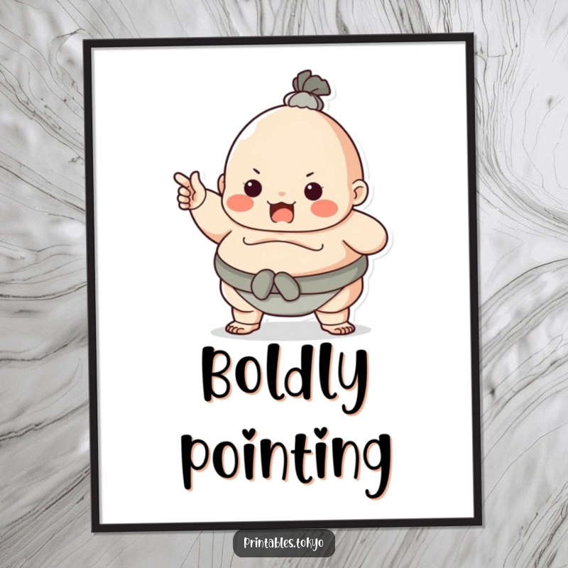 Funny character dressed as a sumo wrestler, playfully pointing, available as a digital art print. Instant bold humor for walls.