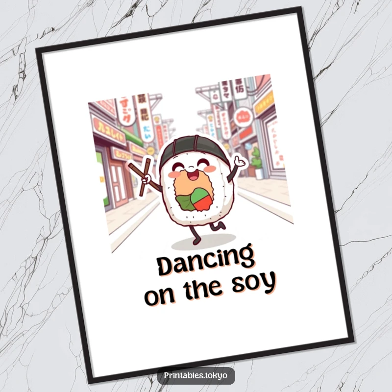 Funny sushi roll character dancing joyfully on a Tokyo street, offered as a high-resolution digital art print.