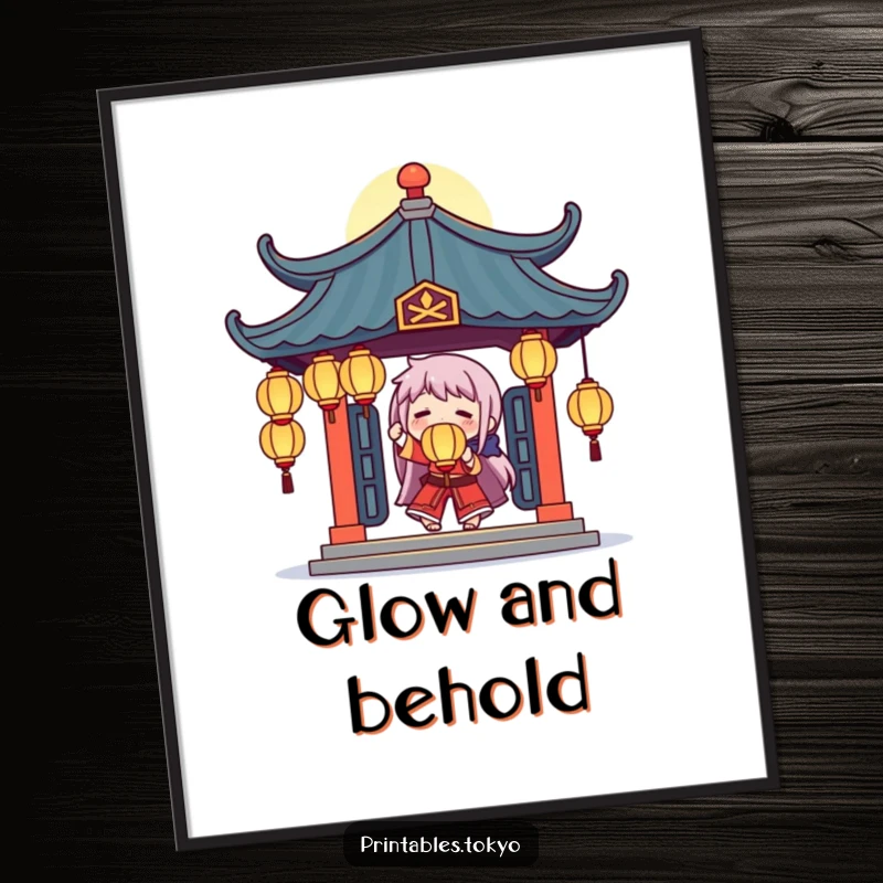 Funny digital artwork of a character artistically juggling bright glowing lanterns beneath a stylized temple roof, full of wonder.