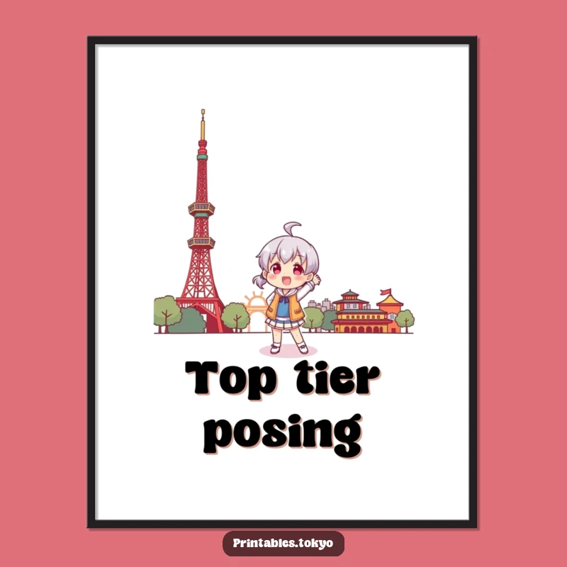 Funny Tokyo Playful Pose Digital Art: Character's Landmark Visit, Instant Decor