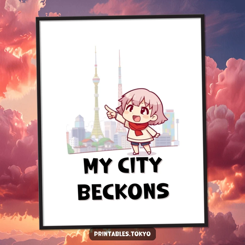 Funny digital art print of an excited character pointing towards a bright Tokyo skyline, ready to bring instant urban energy.